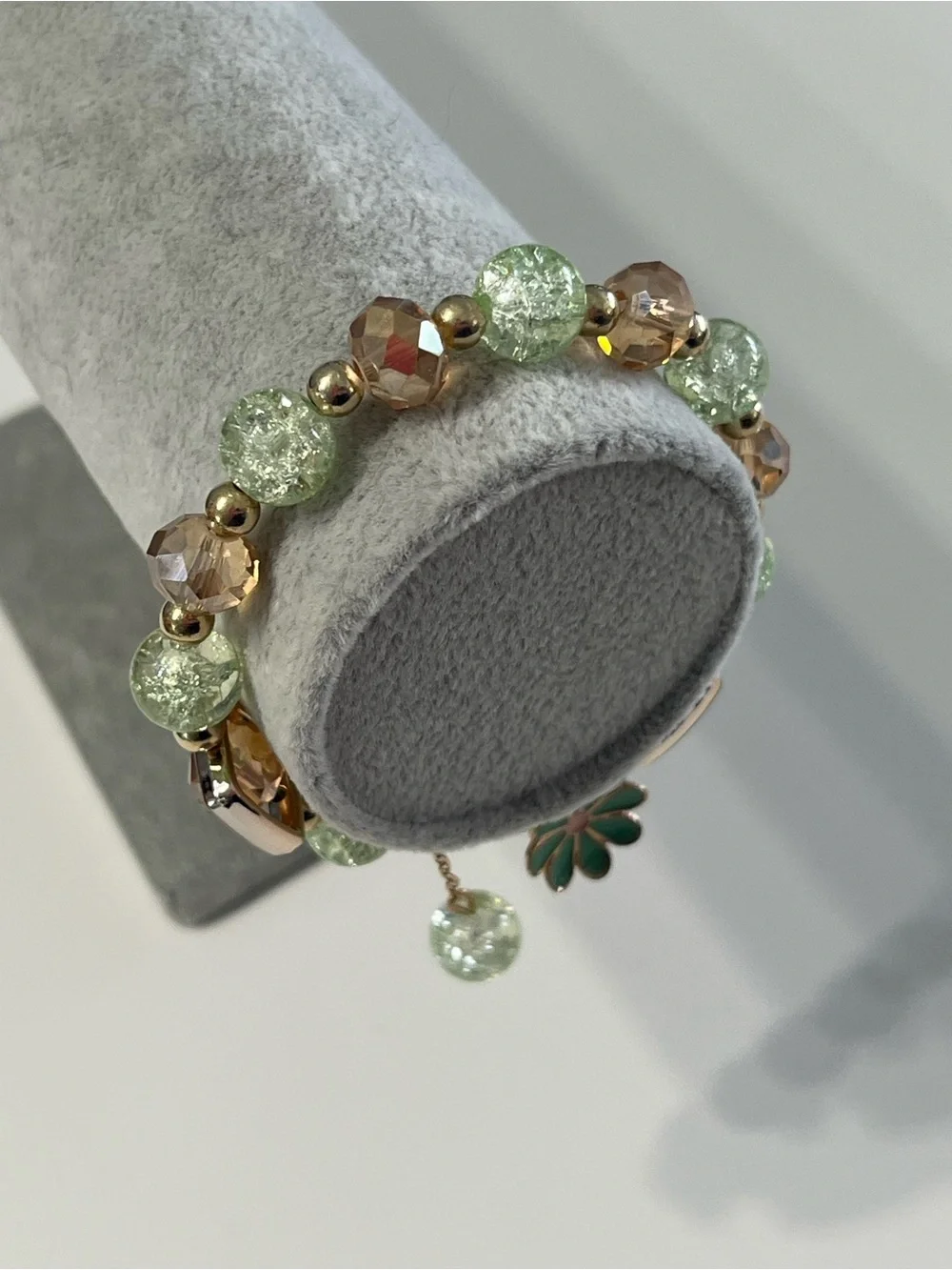 Green & Champagne Crystal Stretch Bracelet with Flower Charm